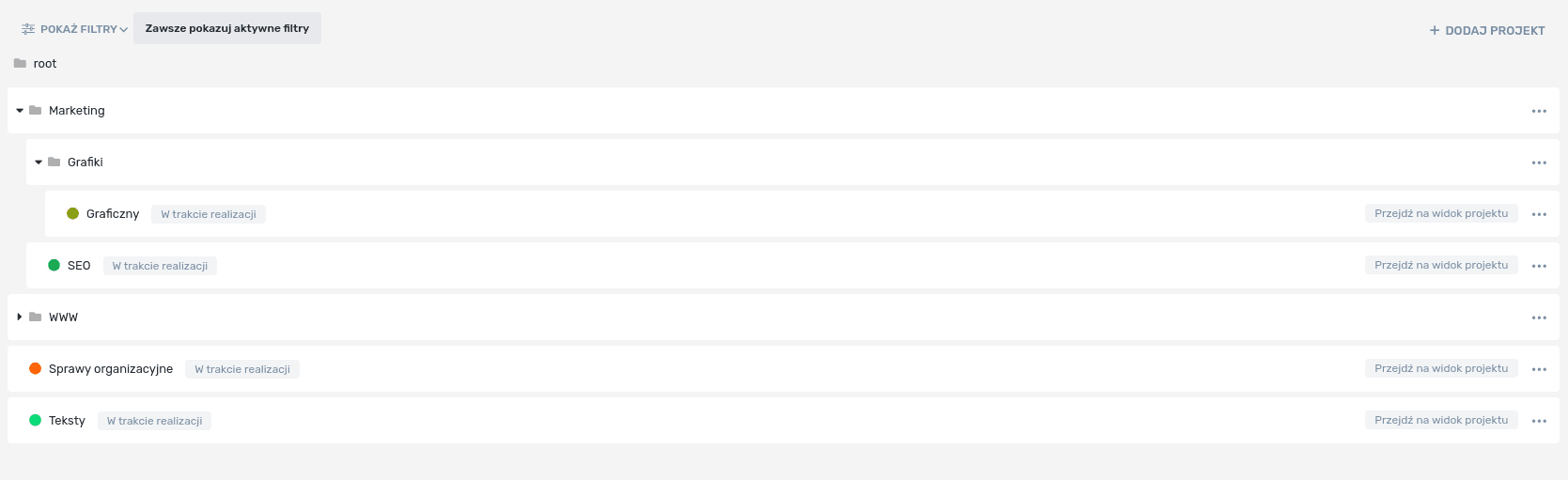 Widok drzewa projektów