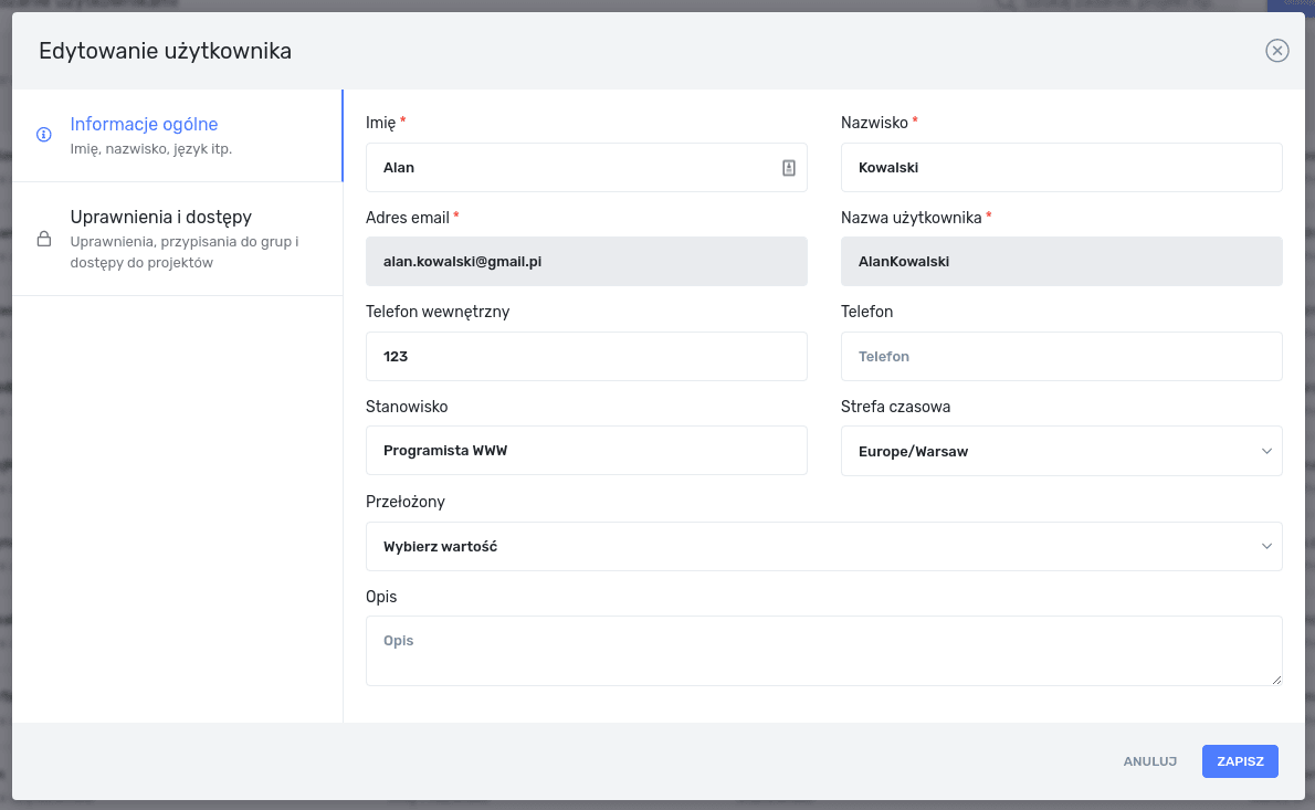 Edycja użytkownika - informacje ogólne