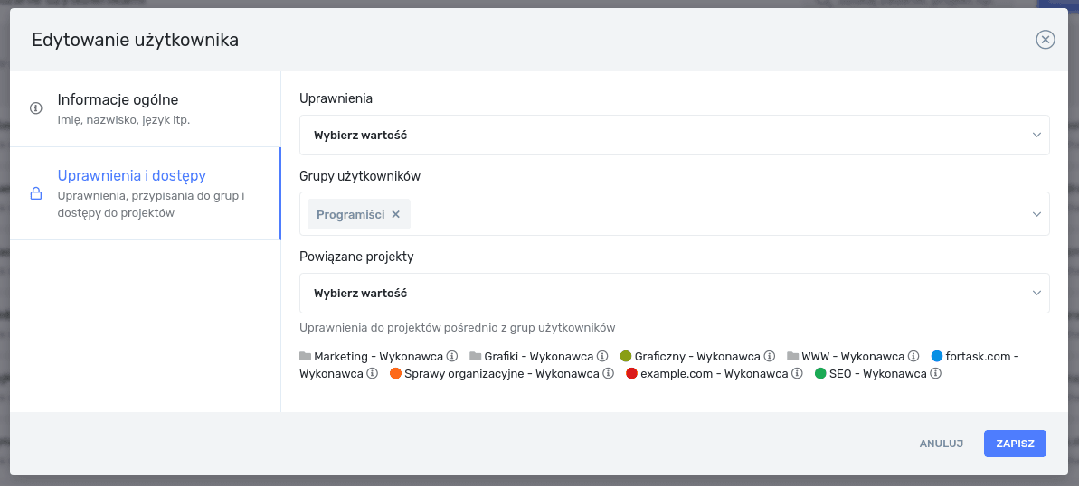 Edycja użytkownika - uprawnienia i dostępy