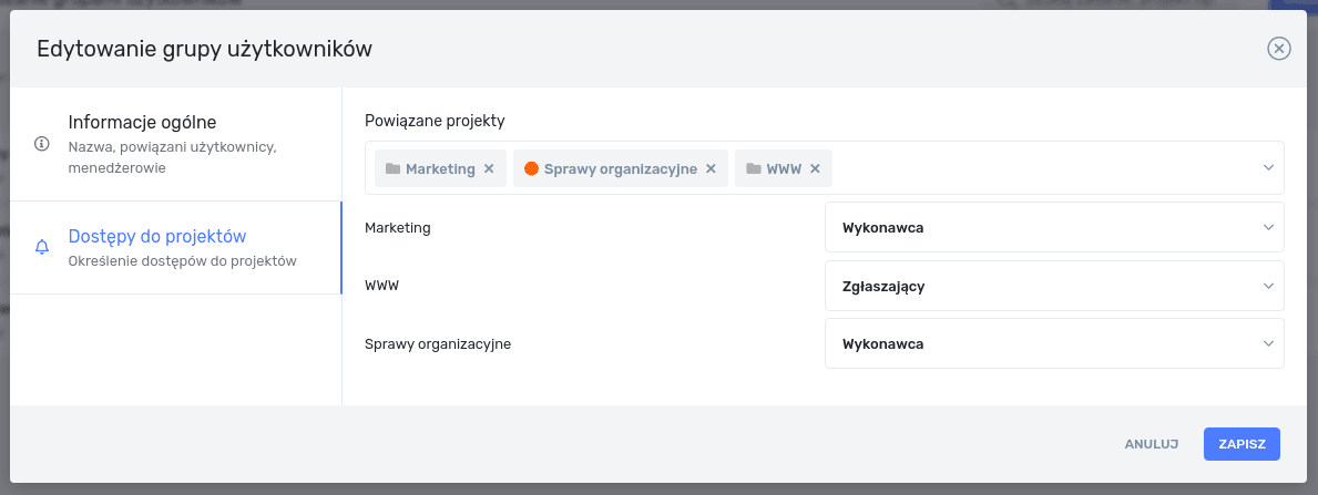 Widok edycji grup użytkowników - dostępy do projektów
