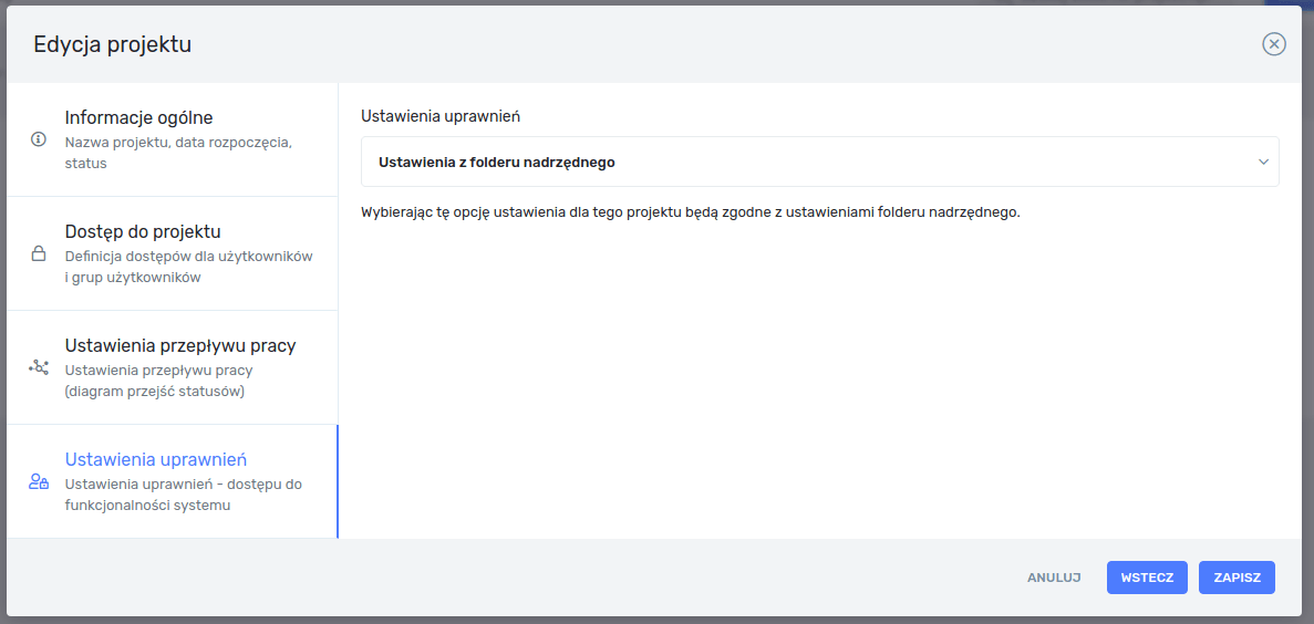 Edycja projektu - ustawienia uprawnień