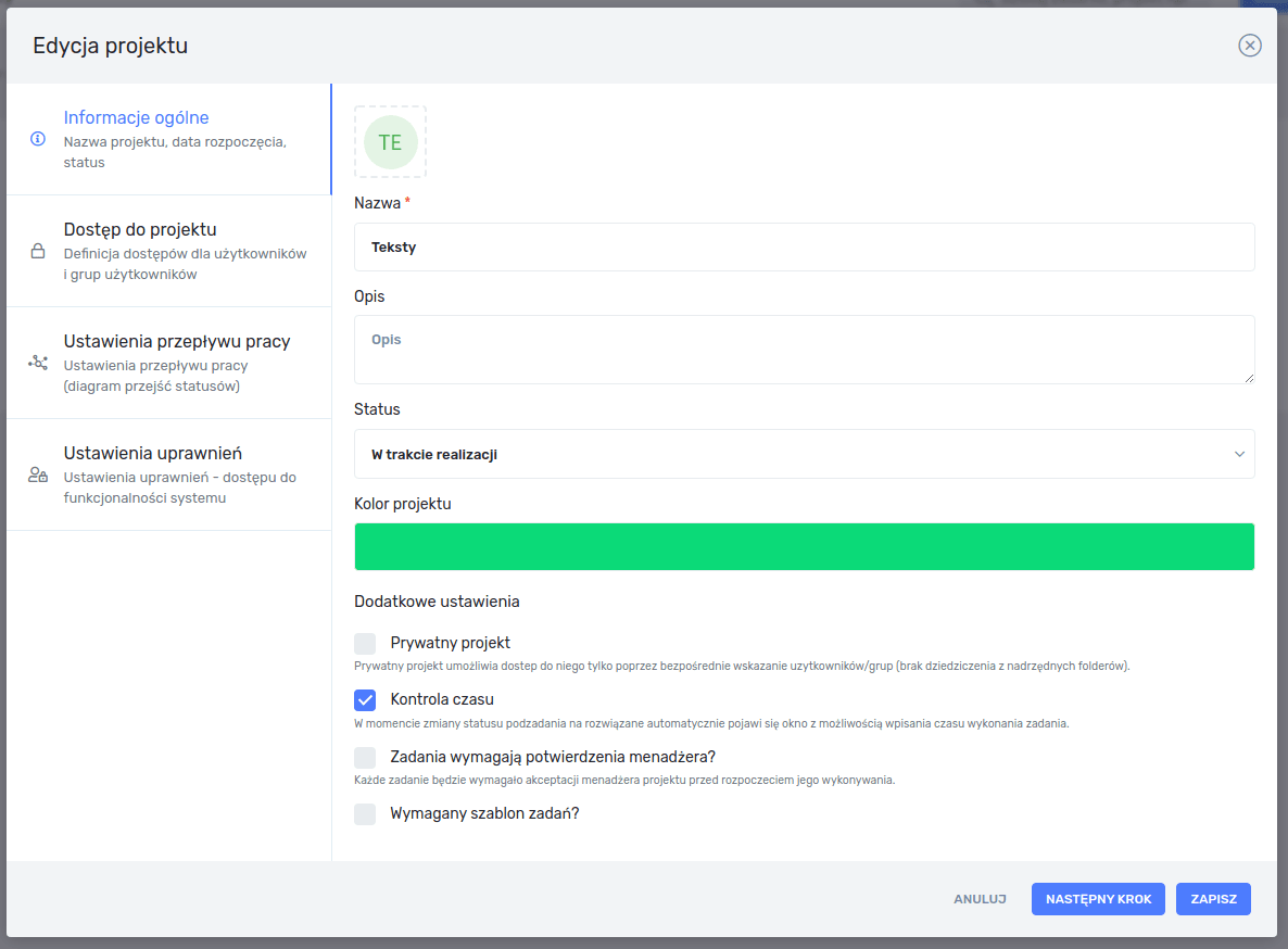 Edycja projektu - informacje ogólne