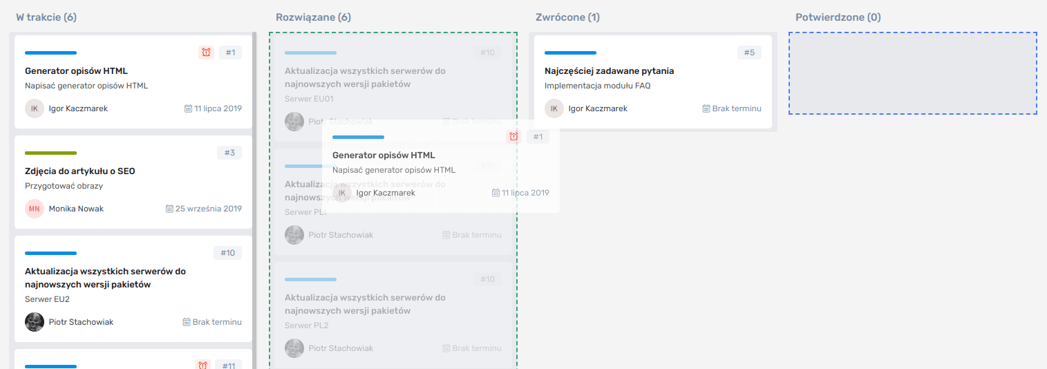 Zmiana statusu poprzez przeciągnięcie do innej kolumny