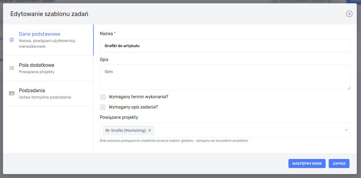 Edycja szablonu zadań - Dane podstawowe