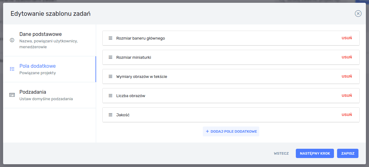Edycja szablonu zadań - Pola dodatkowe