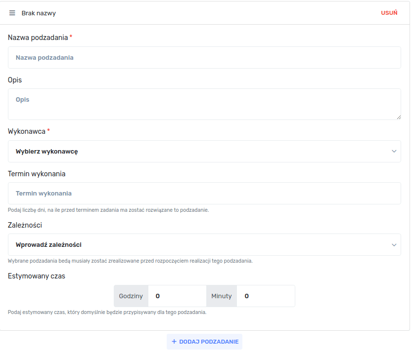 Formularz dodawania podzadania