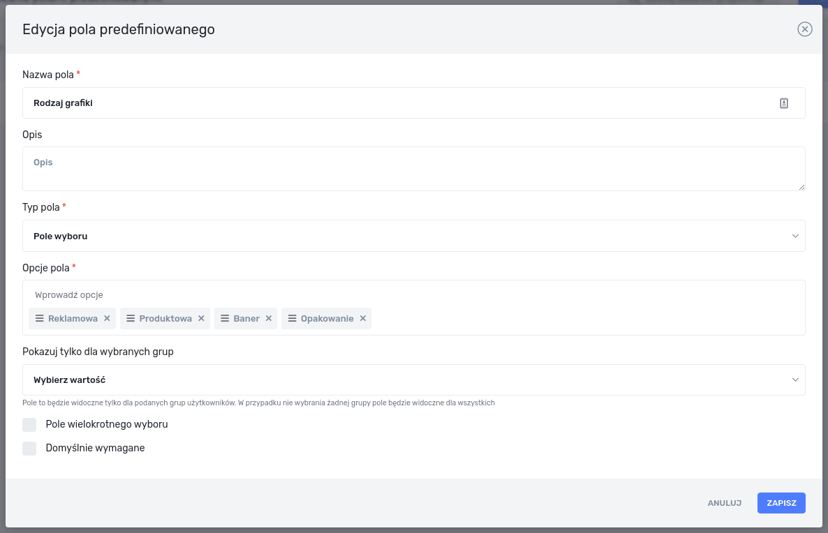 Edycja pola predefiniowanego