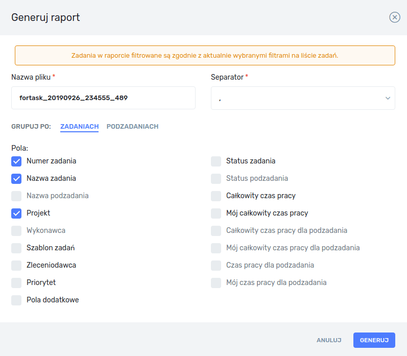 Modal z opcjami do wygenerowania raportu CSV