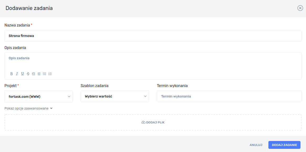 Modal dodawania zadania