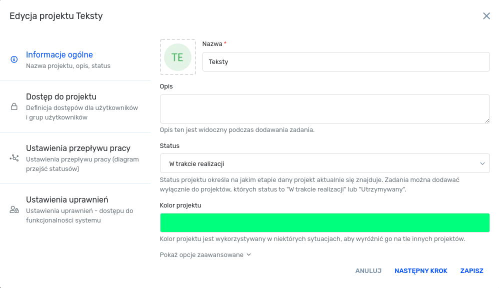 Edycja projektu - informacje ogólne