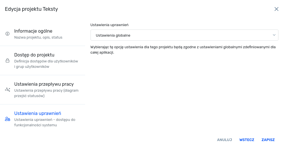 Edycja projektu - ustawienia uprawnień