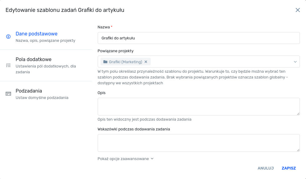 Edycja szablonu zadań - Dane podstawowe