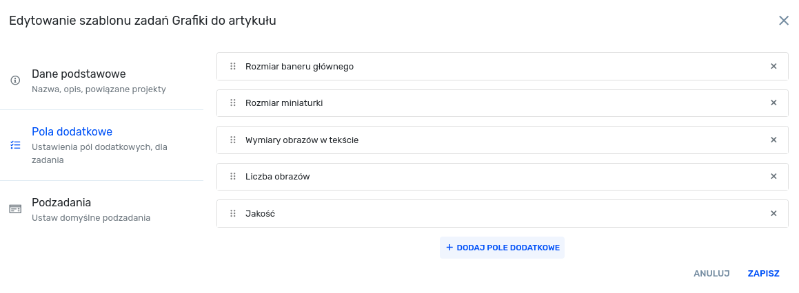 Edit task template - Additional fields