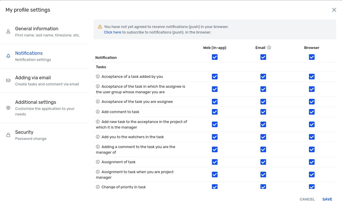 User notification management view