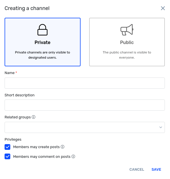 Channel creation form