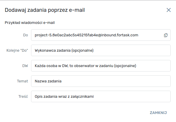 Szczegóły dotyczące wysyłki tworzenia zadań poprzez e-mail